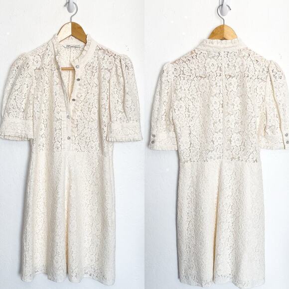 Zara Lace Button Down Ruffle Rhinestone Mini Dress Small Ivory Victorian Girly - Picture 1 of 8